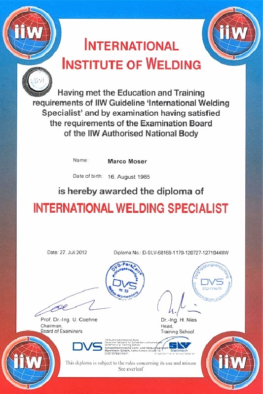 Zertifikat international Welding